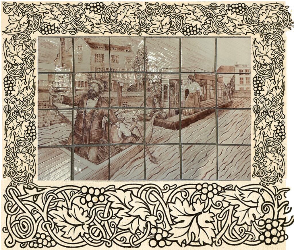 A photograph of the beginning of the mural, an illustration of the group setting out on their journey down the Thames on small boat with oars.